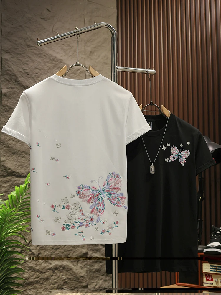 Summer New Style Short Sleeve T-Shirt Pure Cotton Combed  Flower Embroidery Loose Fit round Neck Casual Women's Top