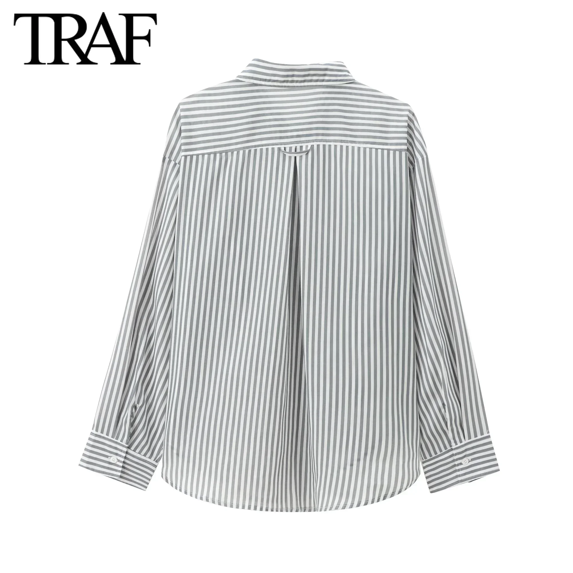 TRAF Women Fashion Autumn New Striped Long Sleeve Single-breasted Lapel Drop Blouse Street Clothing Shirt Chic Ladies Top