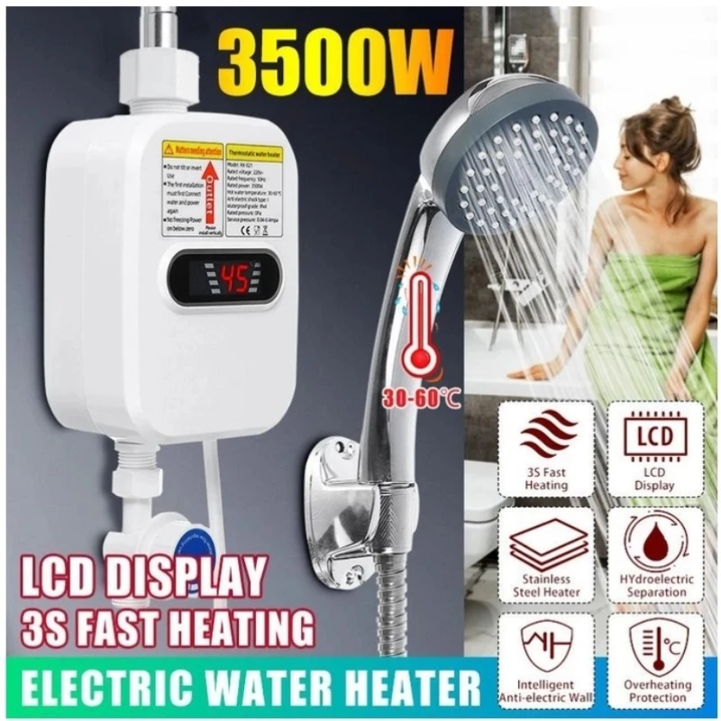 Chauffe-eau électrique instantané sans réservoir, prise UE, affichage de la température, douche chaude, cuisine, 3500W, 220V, 3S