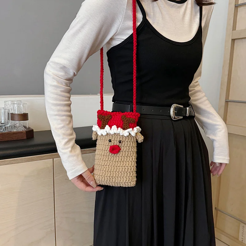 

Рождественская пряжа, связанная крючком, милая сумка для телефона с оленями Санта-Клауса, сумка через плечо ручной работы