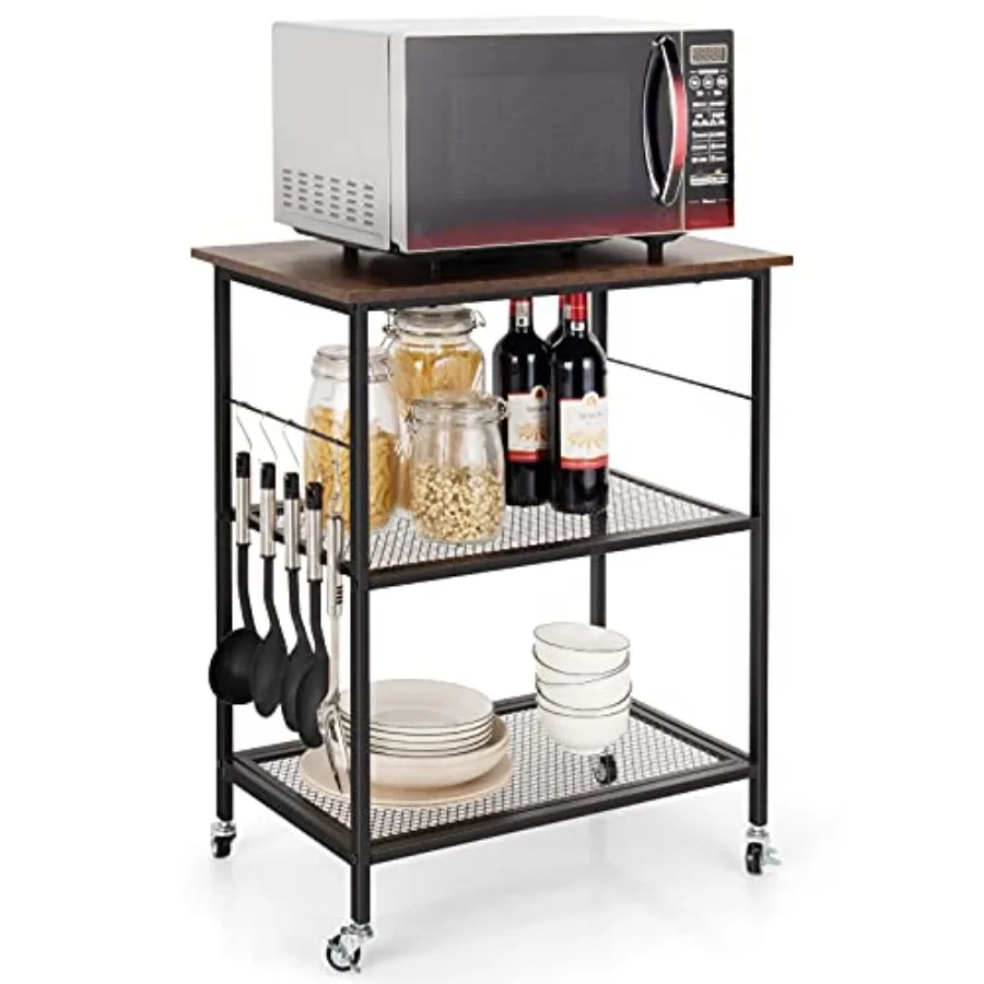 

3 Tier Kitchen Bakers Rack Rolling Microwave Cart Industrial Bar Service Cart Kitchen Cart on Lockable Universal Wheels 5 Hooks