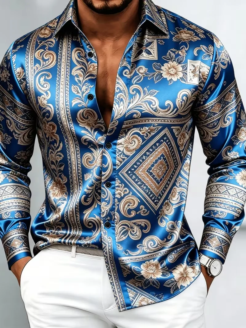 New light blue gradient fluid curved vortex ripple printed long sleeved shirt smooth high gloss satin lapel men's top