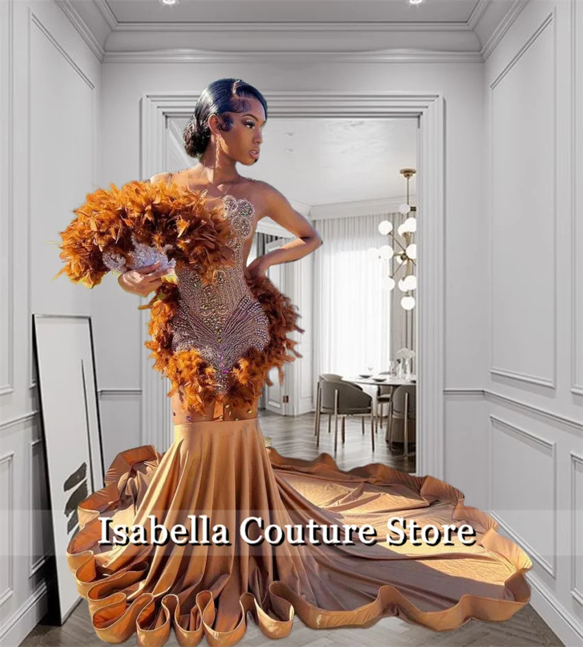 

Luxury Long Mermaid Prom Dresses Bead Feathers Diamonds Robe Evening Dress Birthday Dress 2025 Customized