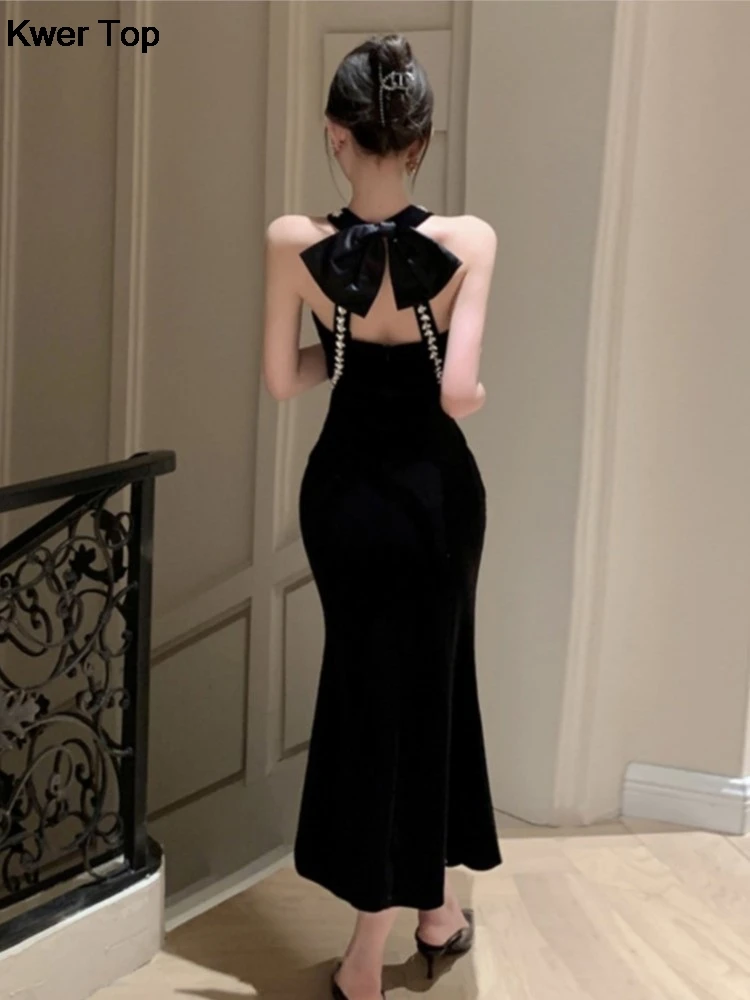 Woman Sexy Backless Bow Black Mermaid Dresses French Vintage Temperament Party Dress Ladies Chic Luxury Velvet Robe