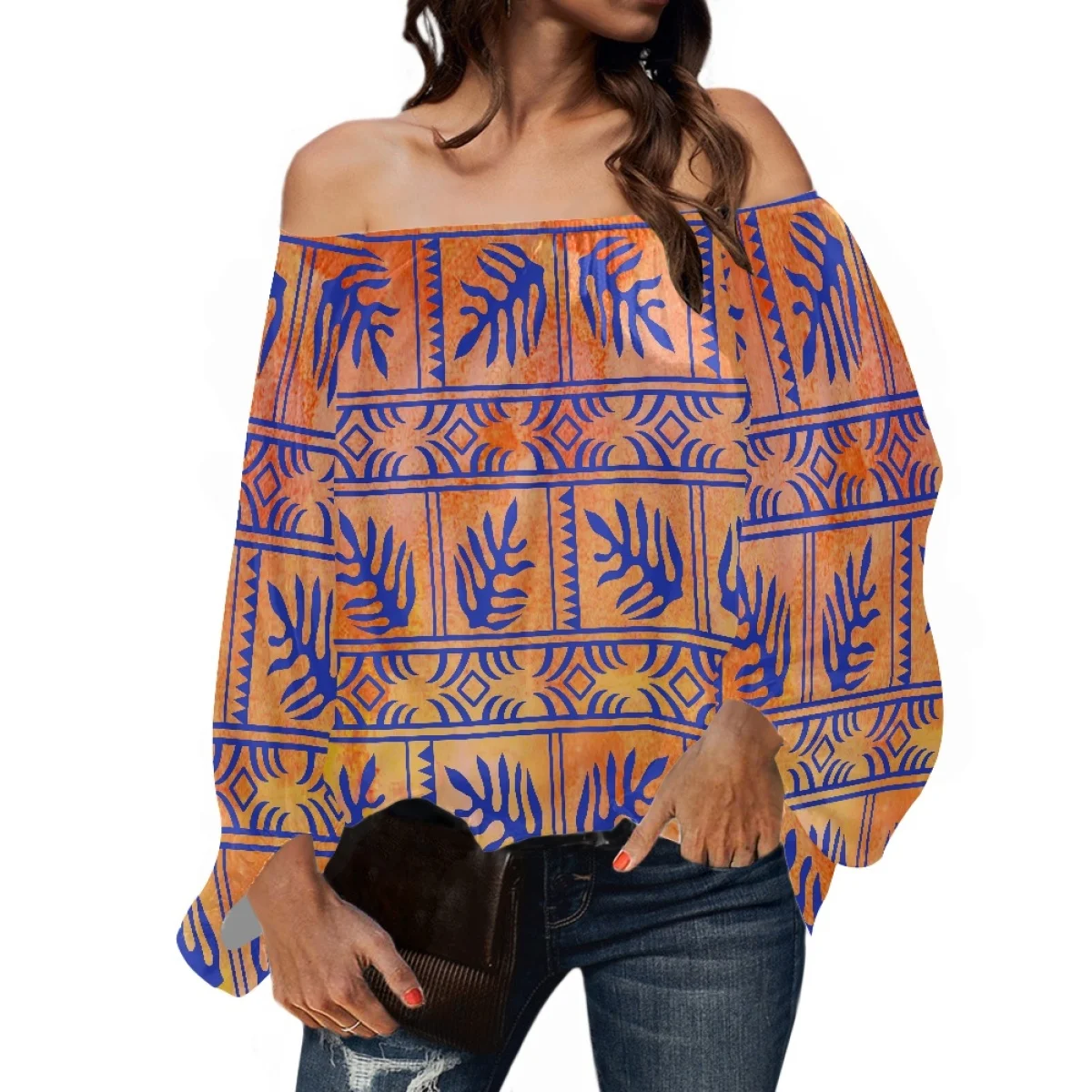 Polynesian Tribal Clothing Samoan Tapa Tongan Print Long Puff Sleeves Loose Elegant Ladies Off Shoulder Chiffon Blouse Tops