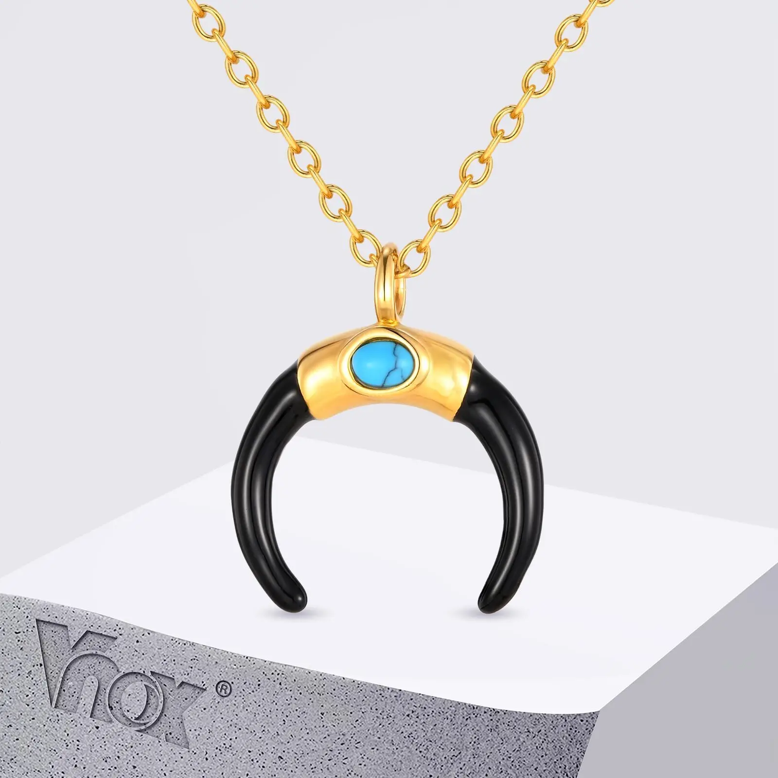 

Vnox Crescent Turquoise Pendant Necklaces for Men Boys, Turquoise Stone Stainless Steel Gold Color O-chain Ethnic Style Necklace