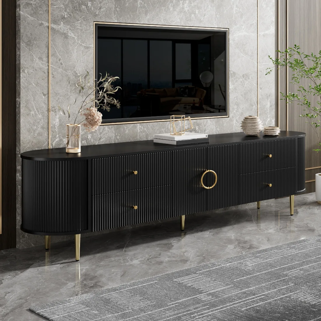 Meuble TV 3D Wave avec coins arrondis, corps en MDF, poignées en aluminium et pieds en fer – Étagère fixe et passage de câbles pour centre multimédia de salon