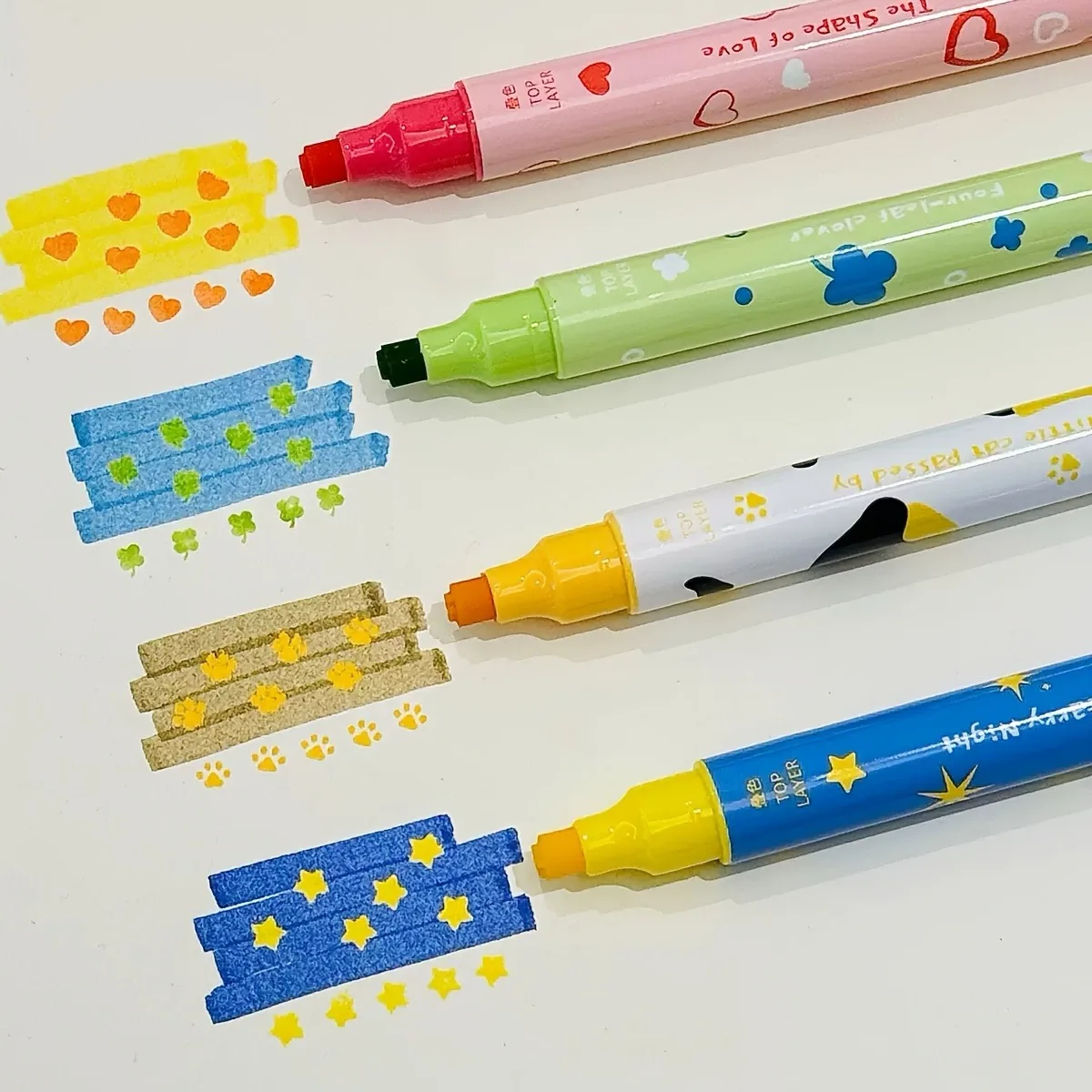 

4pcs - Double headed stamp highlighter marker pen, one end stamp and one end thick marker pen, stackable hand account pen