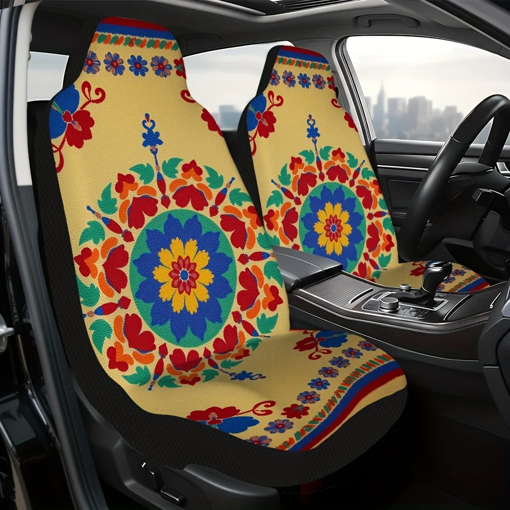 2pcs Floral Vintage Colorful Pattern Car Seat Covers | Washable And Durable, Universal Fit For Front Seats Of Cars And Trucks, I