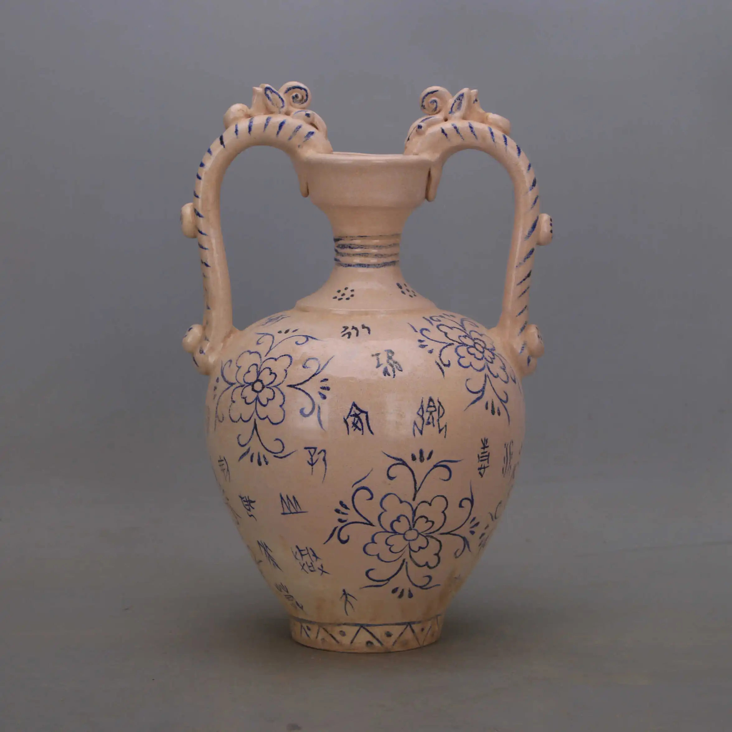 Song Xing Kiln Style Crackle Hand Painted Oracle Bone Script Floral Double Dragon Vase Porcelain Home Decor