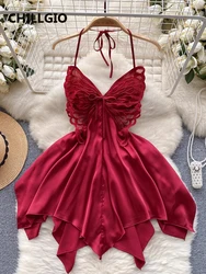 CHILLGIO Women Irregular Satin Spaghetti Strap Dress Mini Pajamas Nightgowns Fashion Butterfly Nightie A Line Halter Sundress