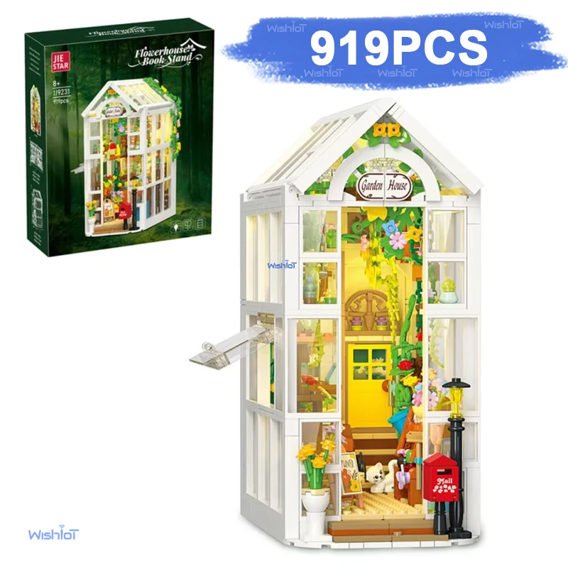 

Flower House Book Stand Building Blocks 919Pcs Street View Greenhouse Desktop Ornament Bricks Set Adult Creative Gifts