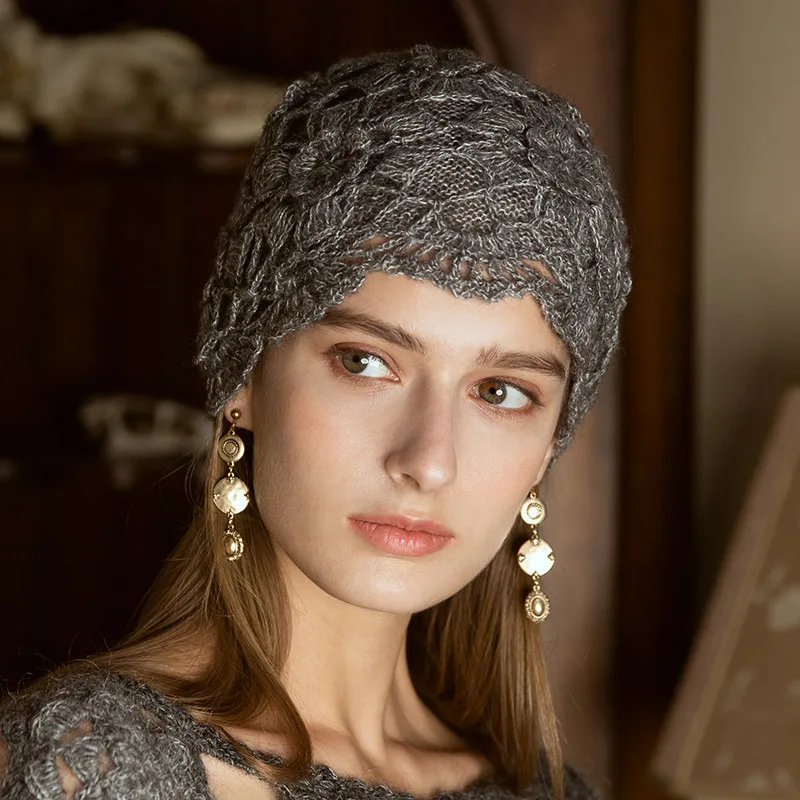 Handmade Retro double-layer women's Warm Hooded Beret Winter Fashion western-style Knit Mohair Fur Thread Hat Sombreros 4m738