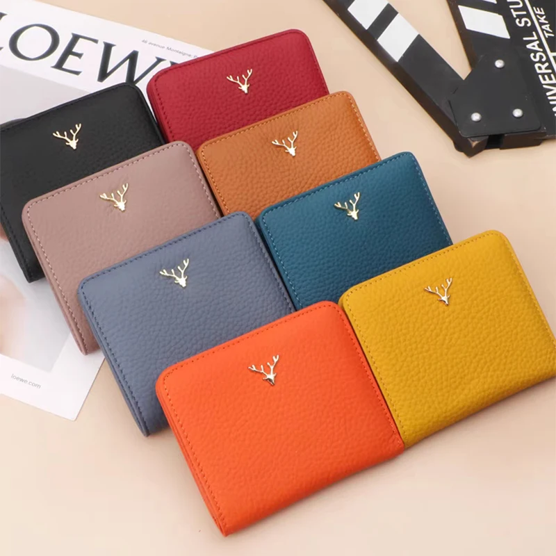 Cartera de piel auténtica con diseño de ciervo para mujer, tarjetero de piel de vaca con Clip, logotipo personalizado, regalo de Navidad