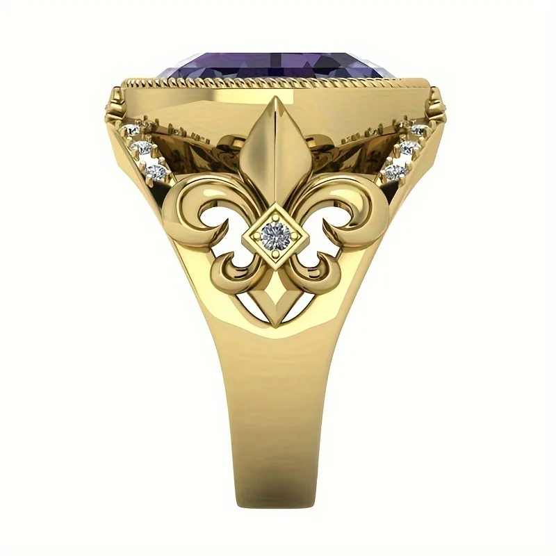 2024 New Exquistie Sparkling Purple Cubic Zirconia Rings with 18K Gold Plated Men‘s Hollow Design Retro Finger Ring Jewelry