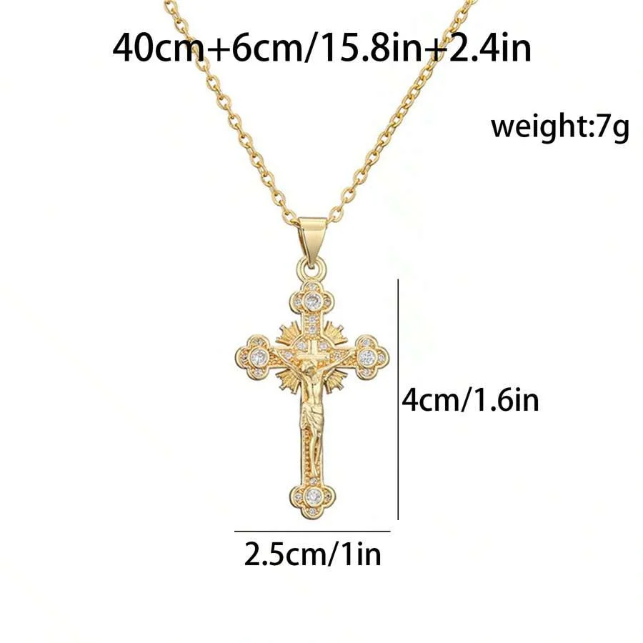 Religion Jesus Cross Pendant Necklace For Women Men Shiny Rhinestone Gold Color Chain Simple Design Hip Hop Party Jewelry