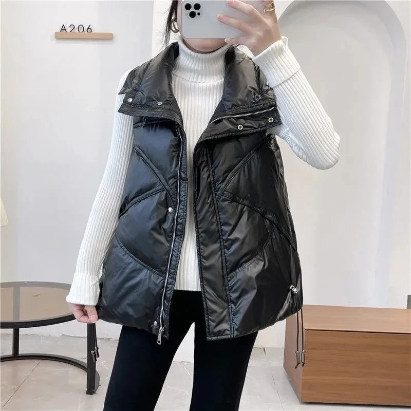 Black Down Cotton Vest Women\'s Korean Version Loose Fashion Vest Outerwear Vest 2022 Autumn And Winter Thick White Short Jacket