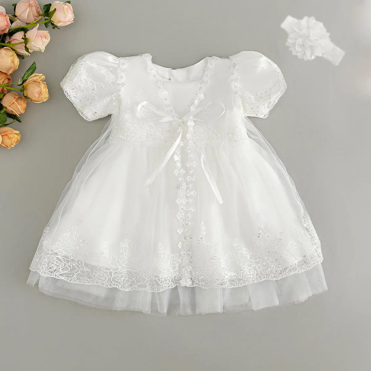 HETISO Baby Girl Dress with Lace Shawl Embroidery Flower Toddler Christening Gown Kids Formal Communion Frocks Newborn 1 2 Years