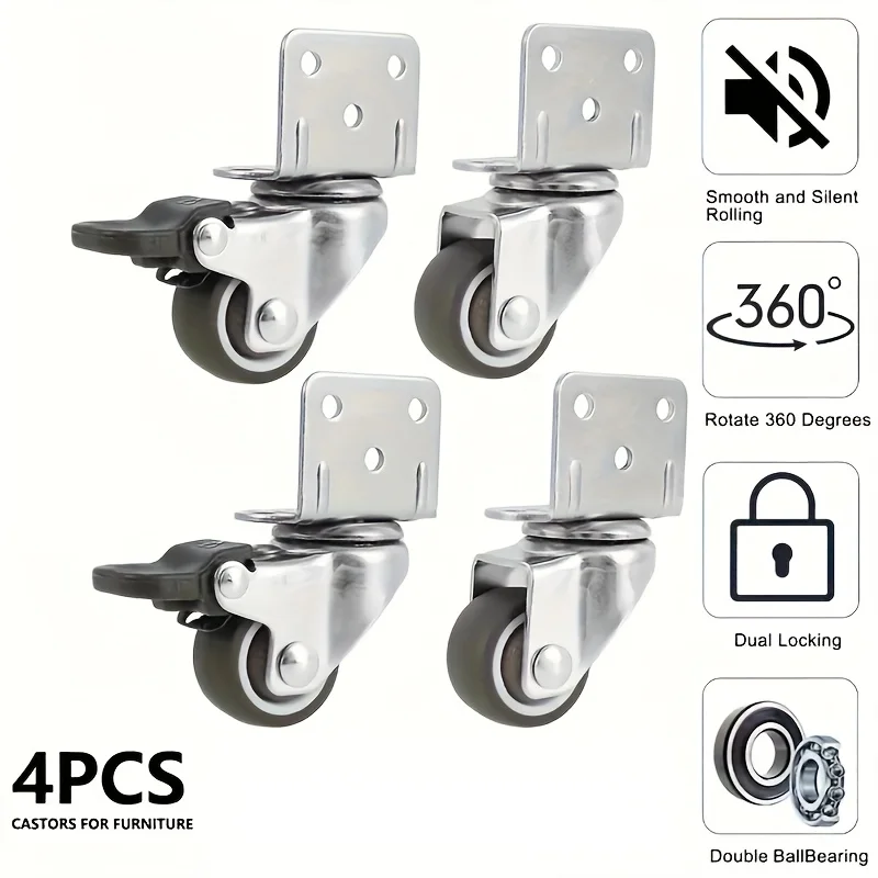 4Pcs Heavy-Duty Swivel Casters with Dual Locking System Non-Marking Rubber Wheels 360° Rotation L-Shaped Lockable Caster Wheels
