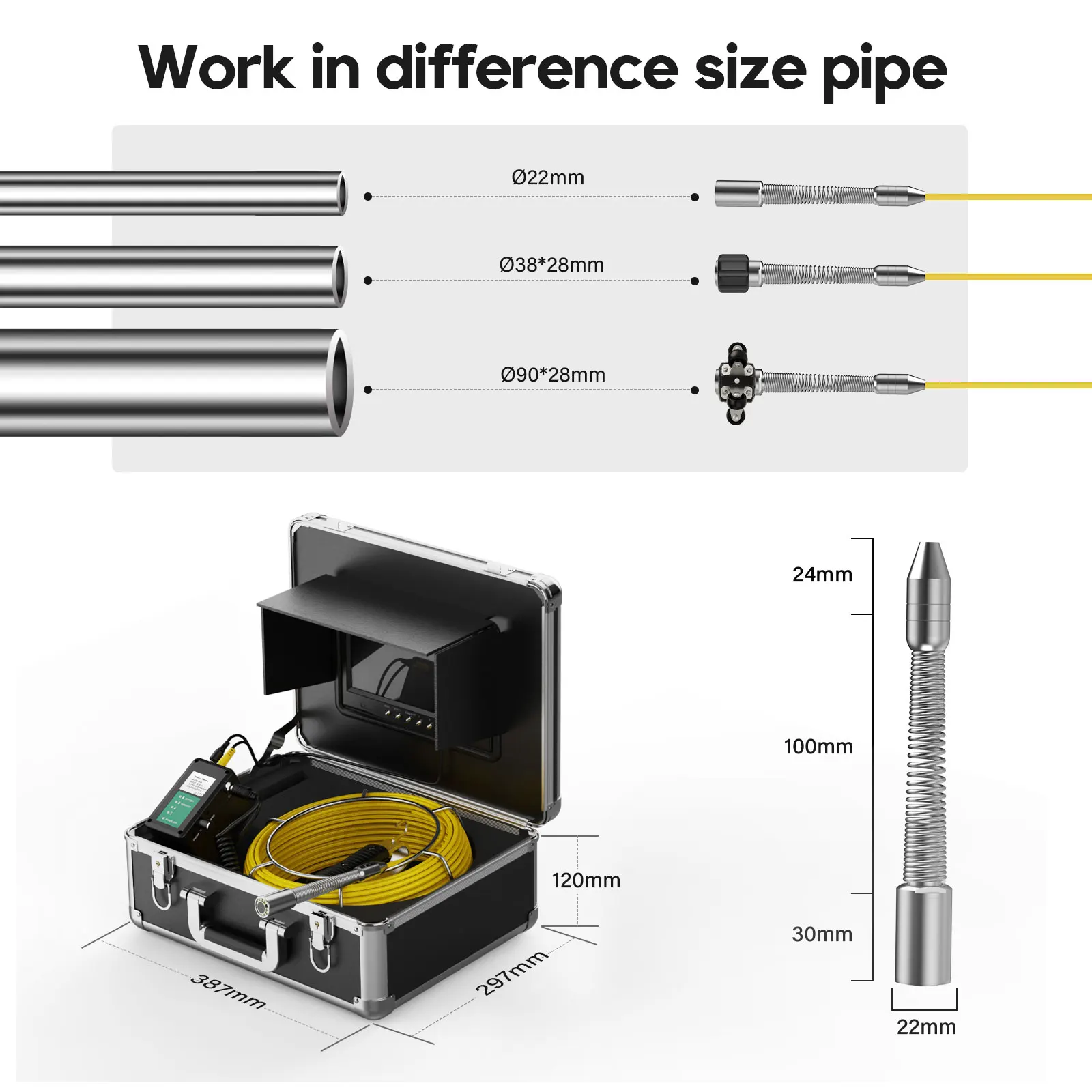 올인원 9인치 와이파이 배관 카메라 키트 17/22mm DVR 16GB 512Hz 4500mAh 자동 레벨링 20-50M 4.8mm 케이블 산업용 내시경