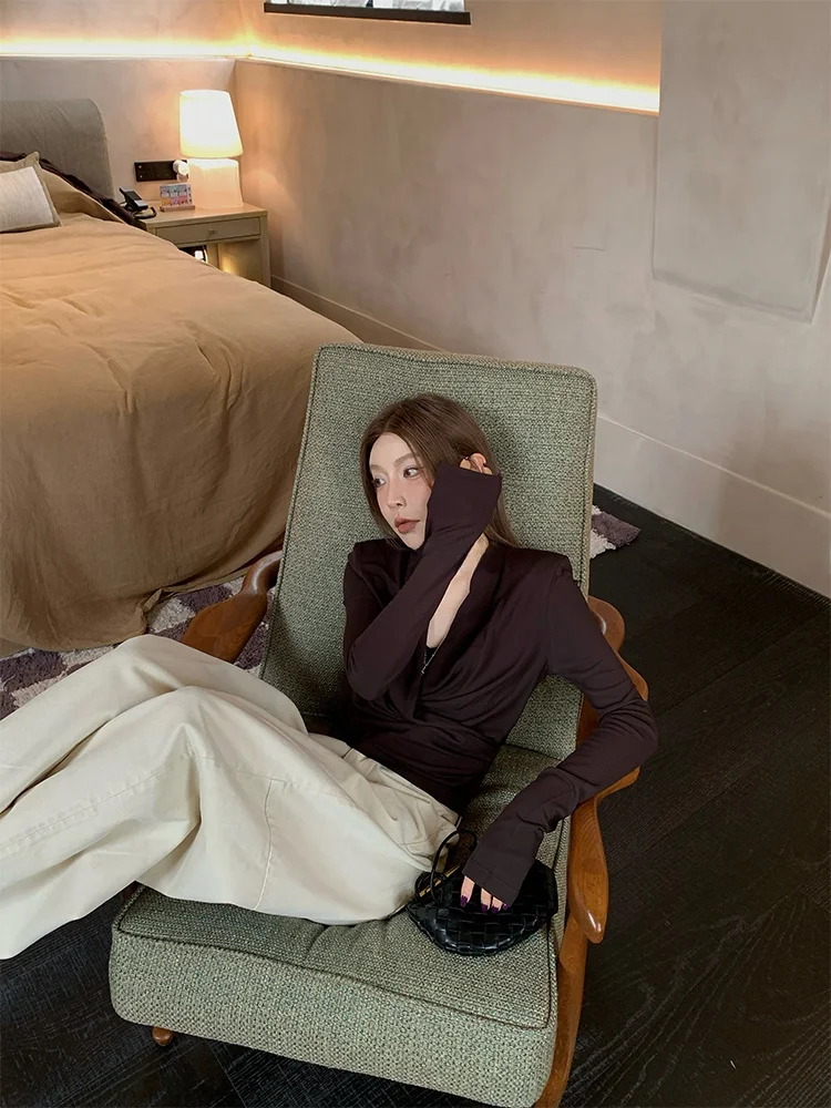 

MSKIN6 Women's Slim Fit Long Sve V-Ne irt Autumn Season Breathable Viscose Fiber Versatile Daily Wear Commute Sle