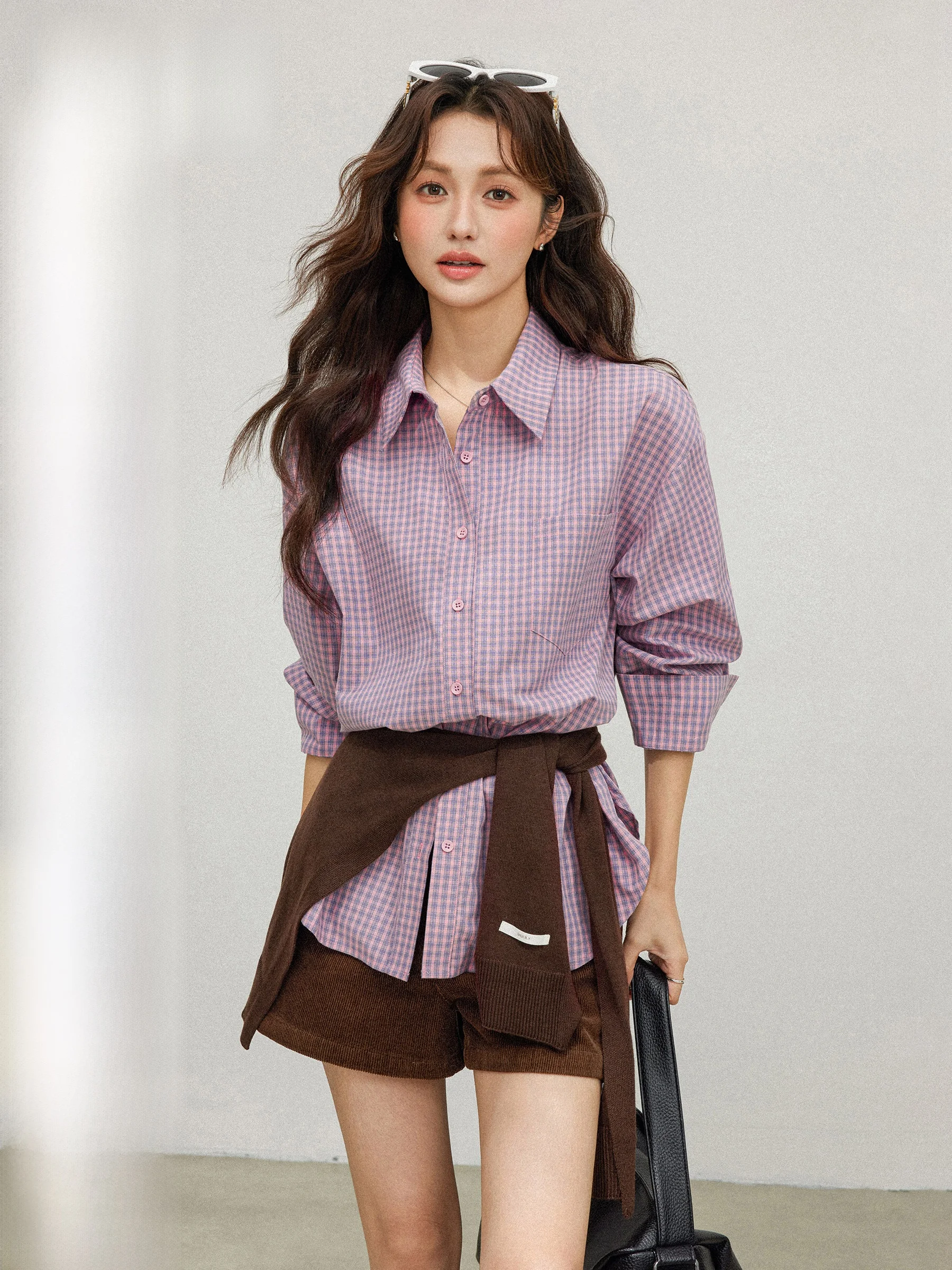 

Lazy Korean Sle Plaid Long Sve Women's irt Casual Loose Fit Autumn 2025 New Arrival Chinese Origin Faion Wear