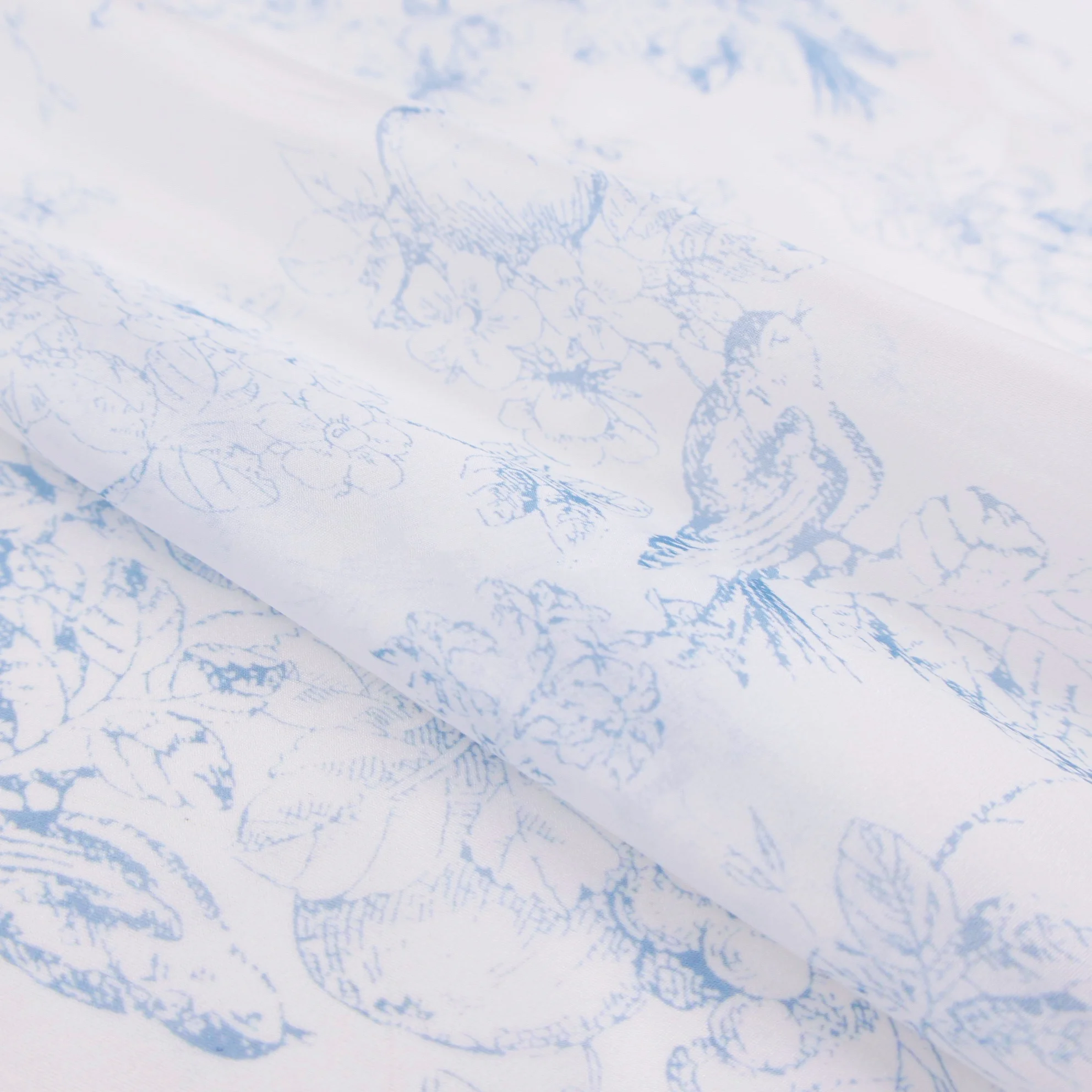2 Yards of Elegant, Soft and Delicate Blue Antique Flower Printed Pearlescent Semi-Transparent Organza Fabric