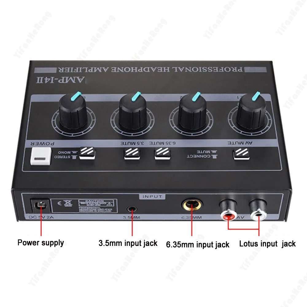 Headphone Amplifier 4-Channel Compact Stereo Headphone Amp with RCA/6.35mm/3.5mm Input Volume Control EU / US Plug