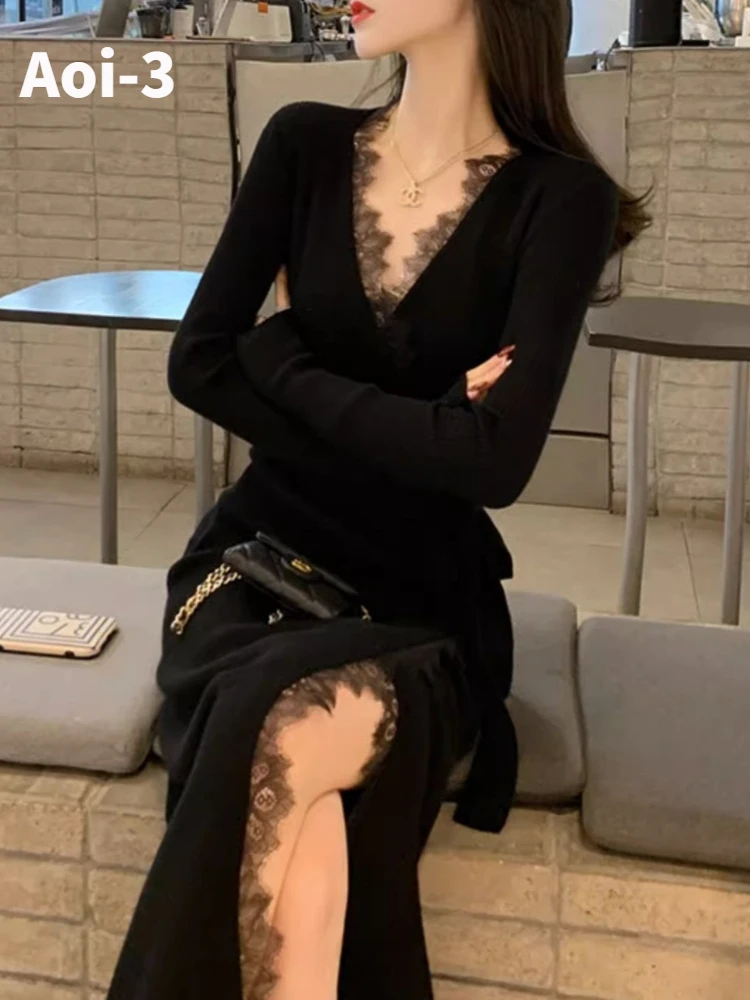 

French Fashion Elegant Knitted Dresses Women's 2023 Autumn Winter Black Slimming Lace Split Sexy Sweater Long Dress With Belt