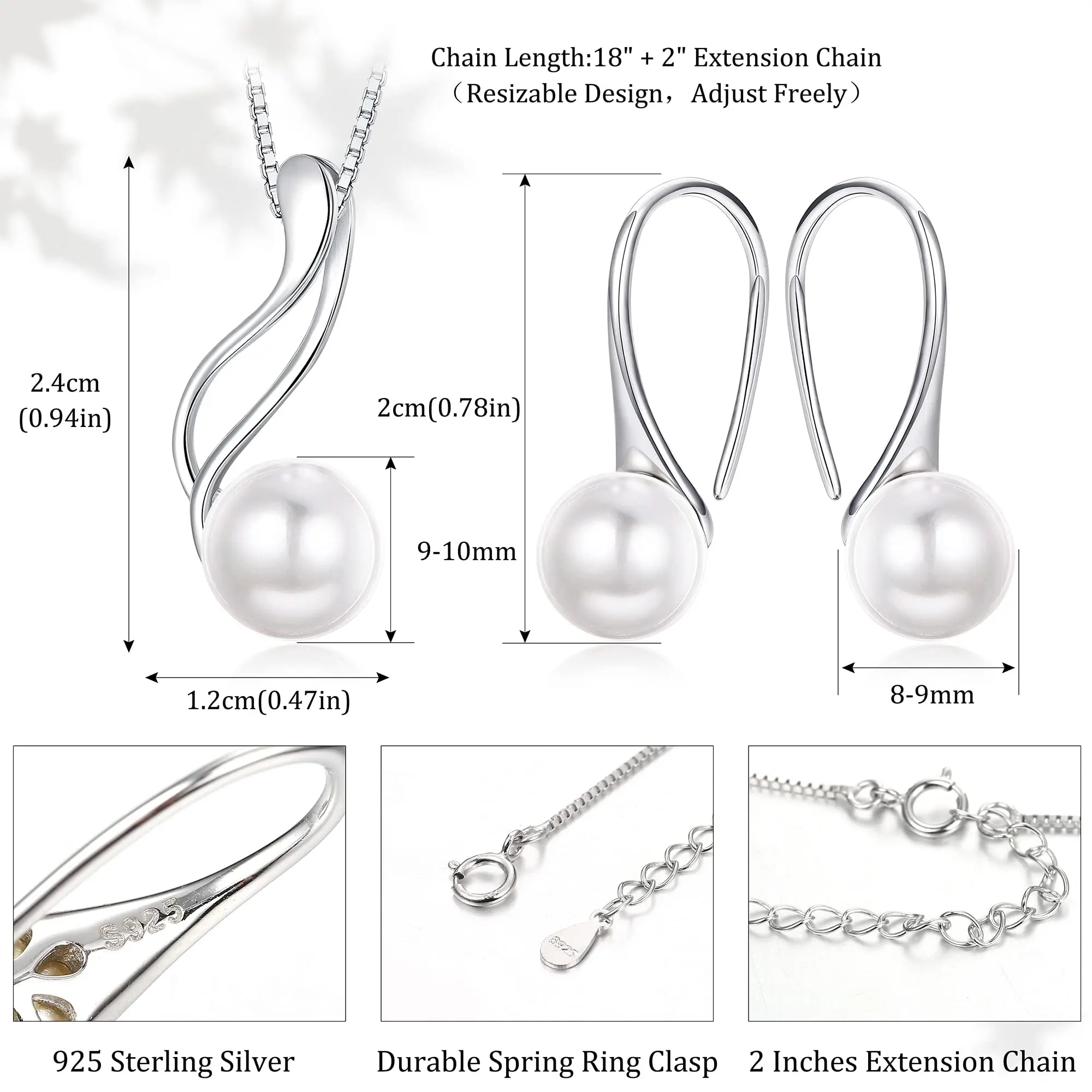 Fansilver Sterling Silver Pearl Jewelry Set 18K Gold Plated Freshwater Cultured Pearl Jewelry Pendant Necklace Pearl Earrings