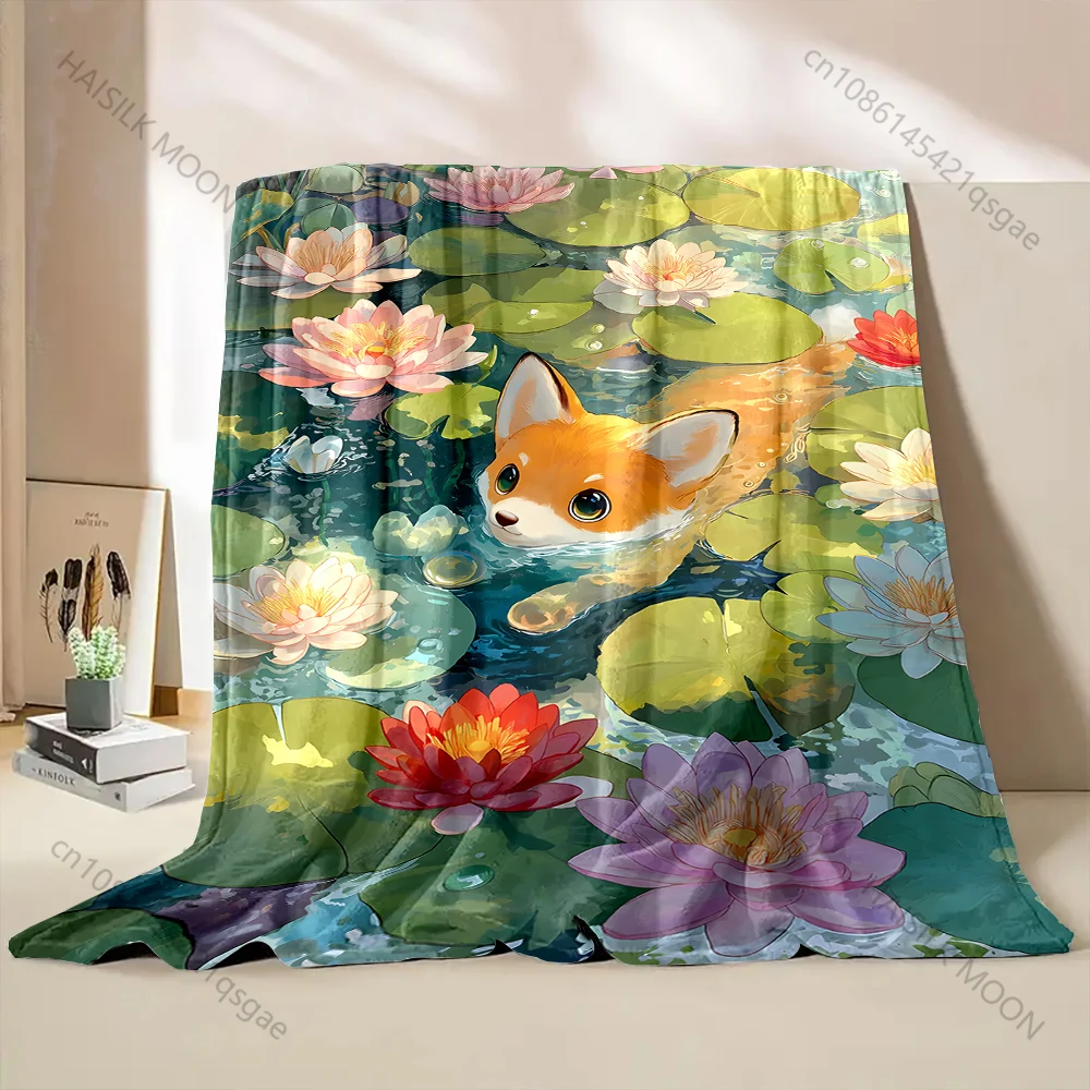 1PC Fox swimming among lilies Print Adult Children Warm Blankets Home Travel Car Soft and Comfortable Suitable for all seasons