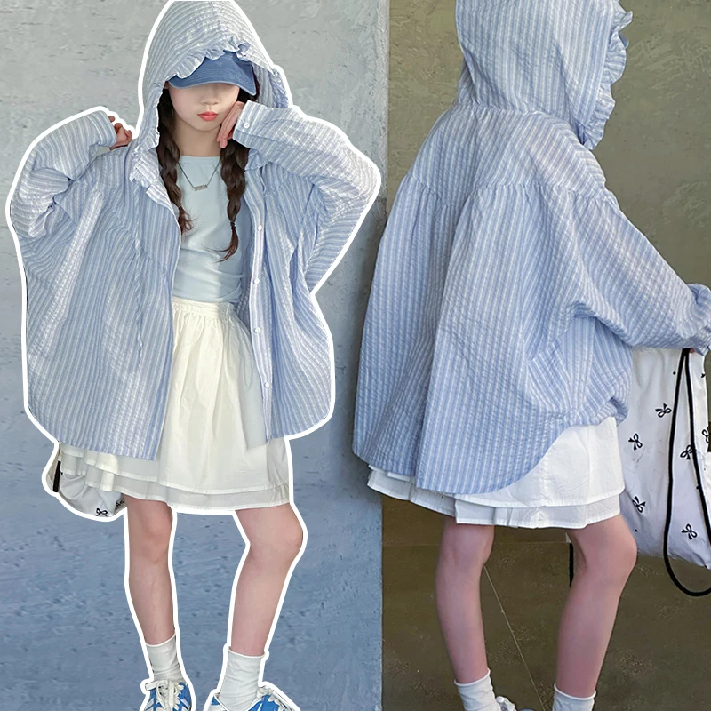 

New Spring Kids Children Long Sleeve Vertical Blue Striped Blouse with Hood For Tween Girls Casual Shirt Sun-Protection Clothing
