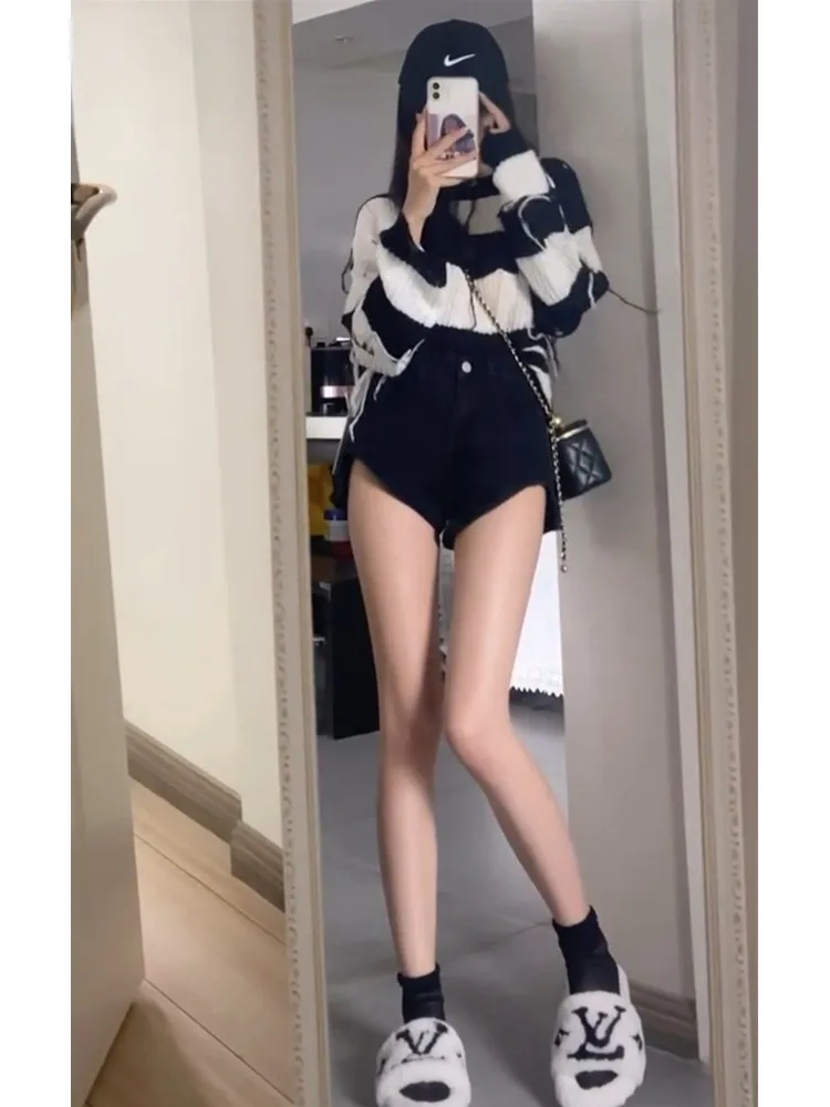 Hot Girl High Waist Slimming Denim Shorts Women's Spring Summer New Style plus Size Flared Legs Lengthening Bodycon Hot Pants