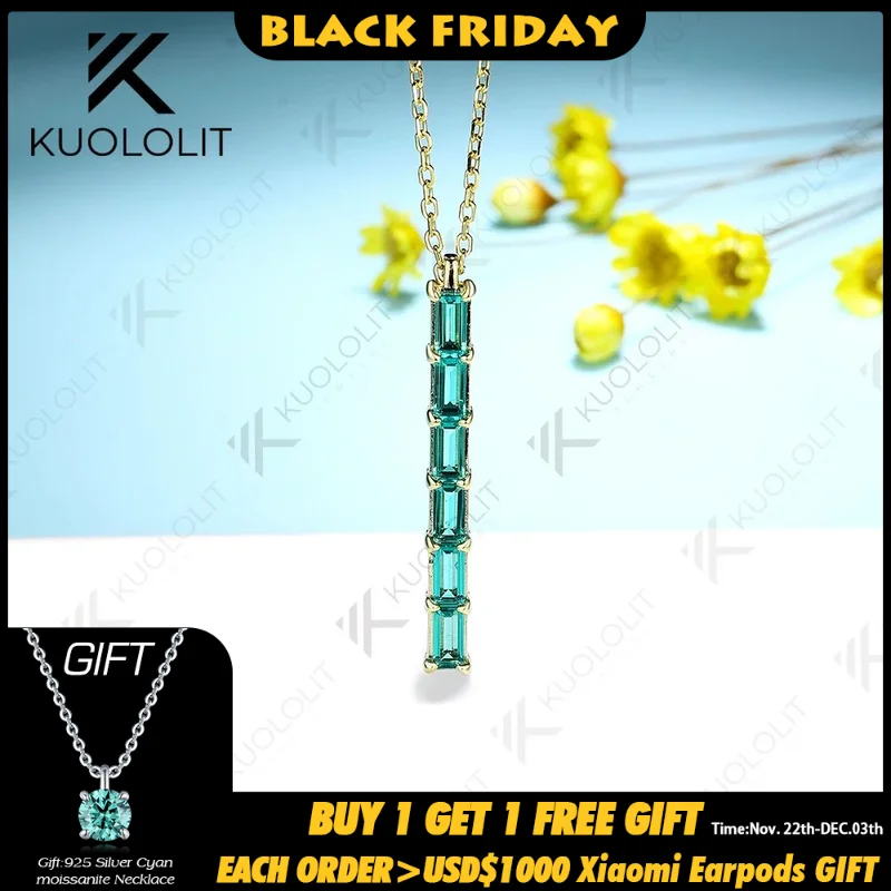 Kuololit 1CTW Lab Grown Emerald Necklaces for Women Solid 585 14K 10K Gold 925 Silver Chain for Engagement Party Christmas