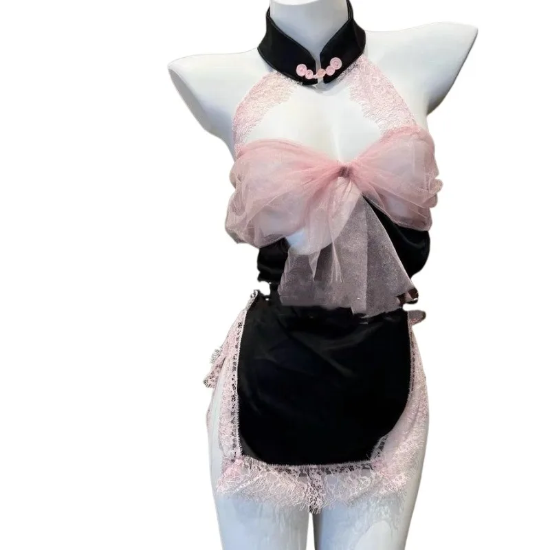 

Ladies' Sexy Lingerie Sexy Bow Lace Mesh Hanging Neck Exposed Back High Slit No Take Off Short Skirt Midnight Passion Set