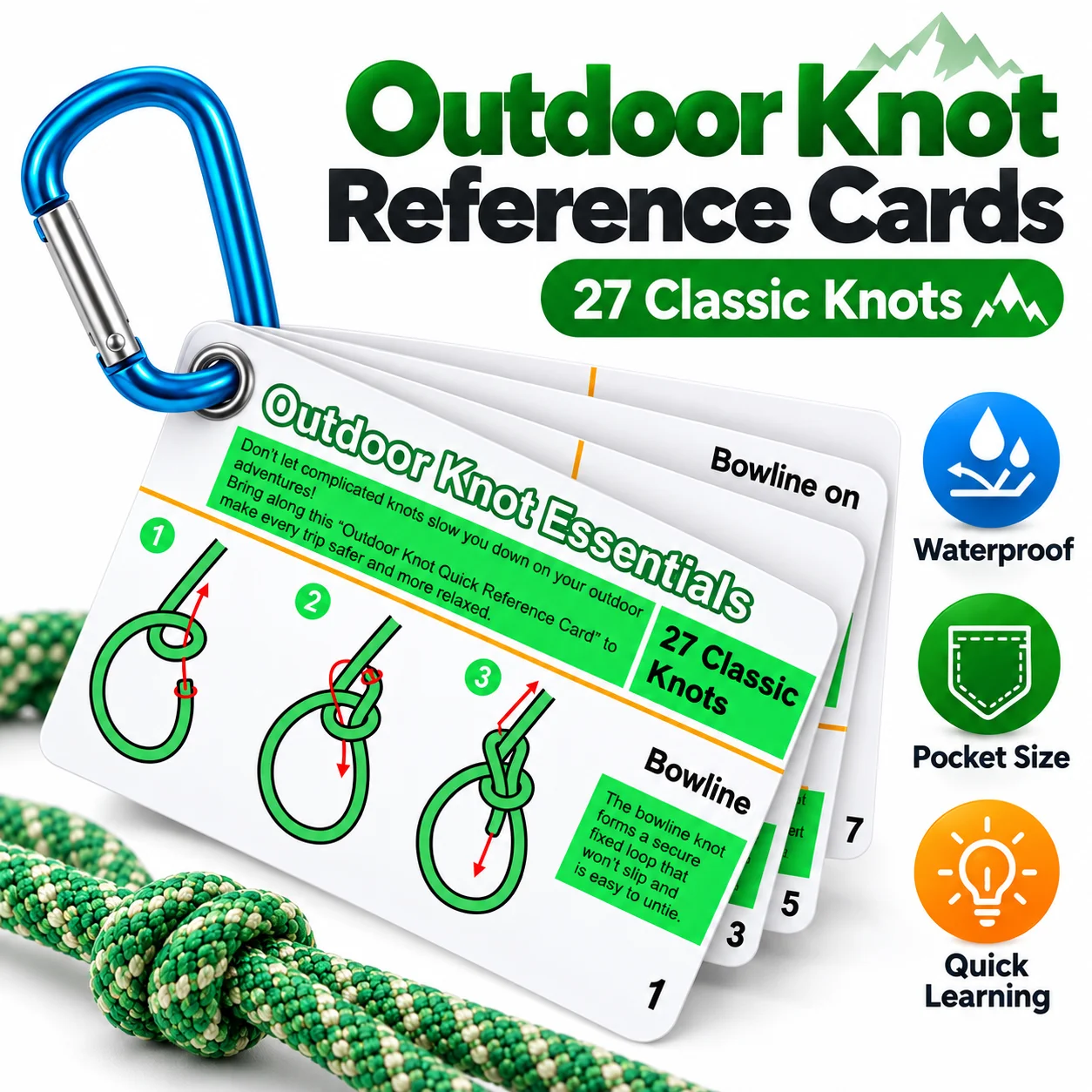 Outdoor Knot Essentials Cards 27 Classic Knots Guide with Mini Carabiner, Durable Pocket Reference for Camping Backpack
