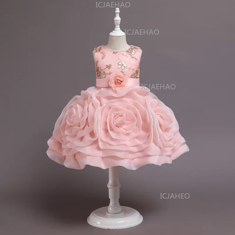 Girls Princess Dress, Floral Tulle  Performance, Kids Formal Party Dress ChildrenTutu Gown, Sleeveless Train Dress For Piano