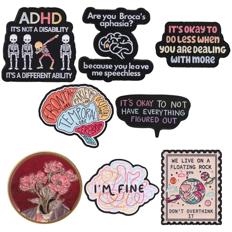 Psychology Badges Mental Health Enamel Pins ADHD Skeleton Brain Anatomy Floral Art Brooch I'm Fine Accessories Gift