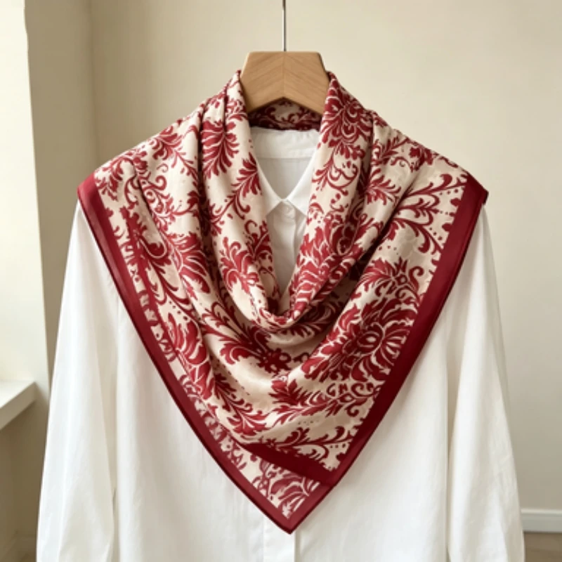 Fashion Women Decor Square Scarf Double Crepe 100% Mulberry Silk Classic Baroque Scroll Pattern Soft Small Neck Ornament