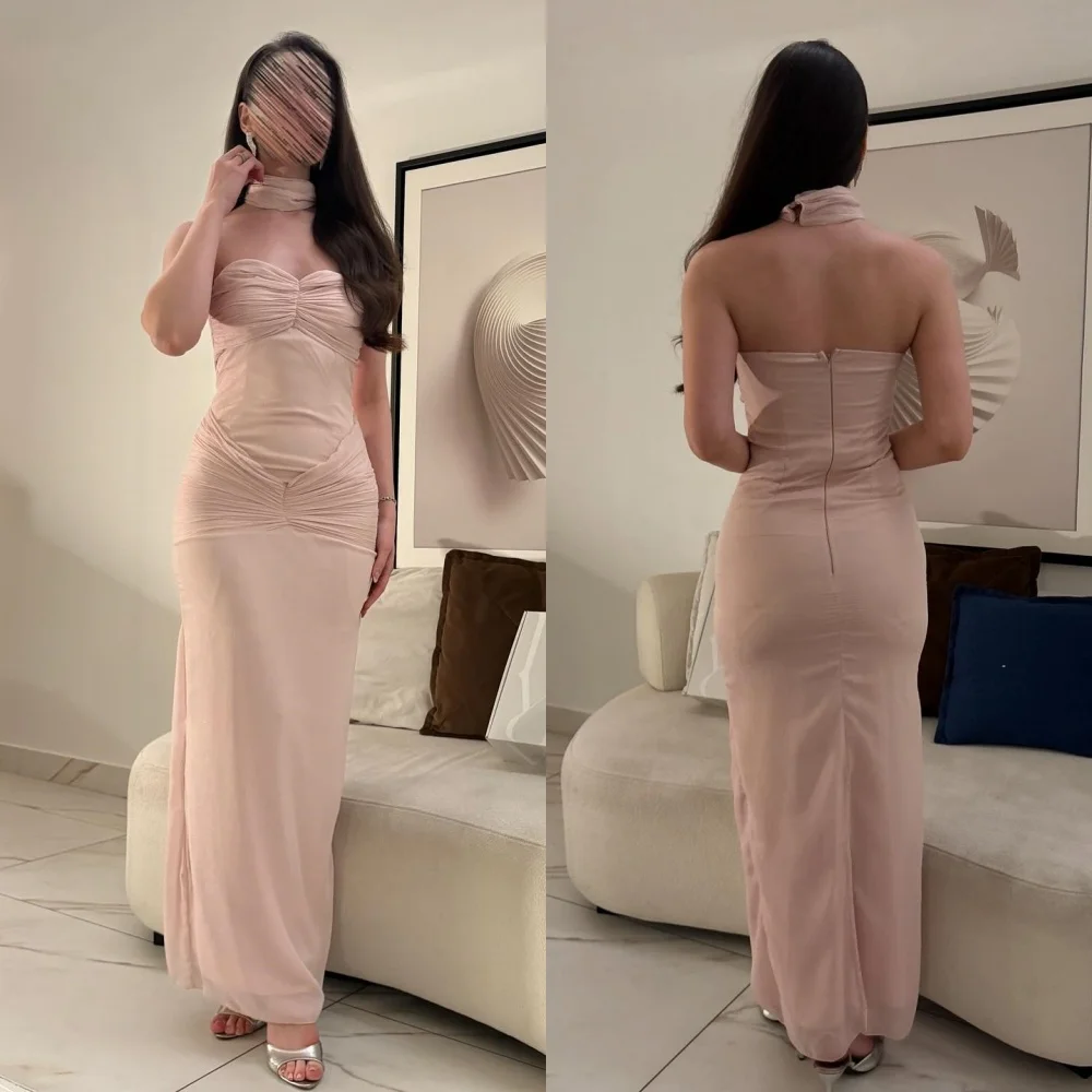 

Customized Simple Matching Chiffon Pleat Draped Straight Strapless Midi Dresses Bespoke Occasion Dresses Exquisite High Quality