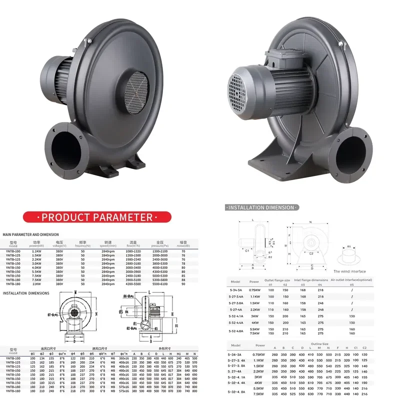 Factory Direct Sales AC 620CFM Medium Pressure Stainless Steel Blade Aluminum Alloy Single Suction Port Industrial