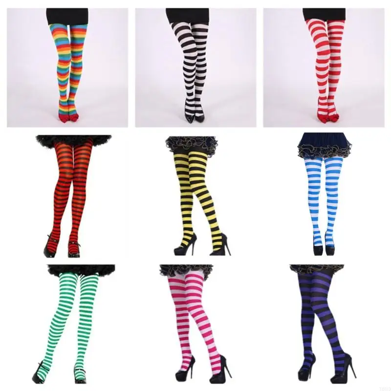 Y08D ผู้หญิงถุงน่องลายทางสีสันสดใสถุงน่องถุงน่องถุงน่องสำหรับ Mardi Gras Carnival