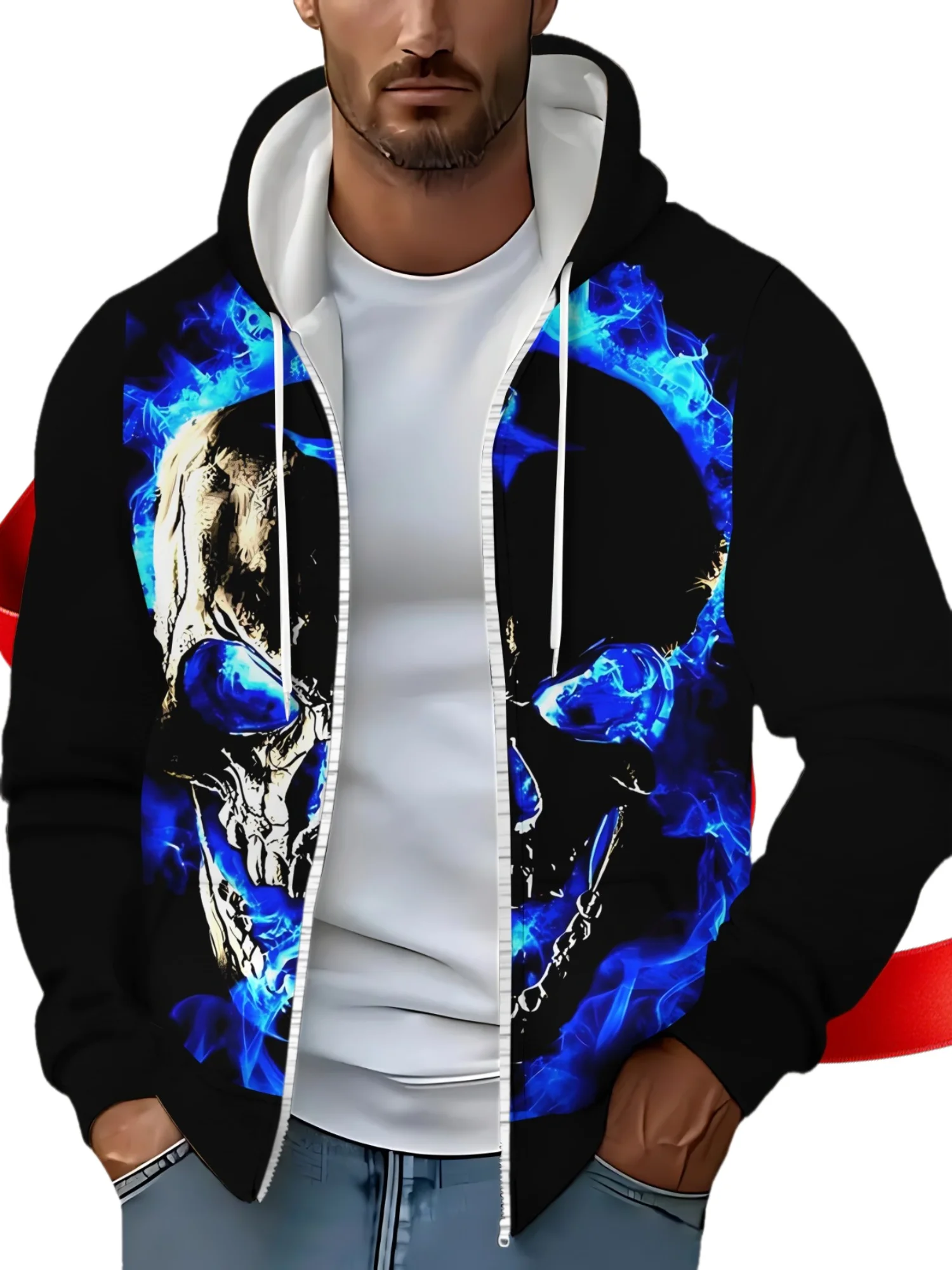 Zipper hoodie for menPolyester Hoodie with Blue Flame Skull Design for Outdoor Activities, Lightweight and Durable, Perfect for