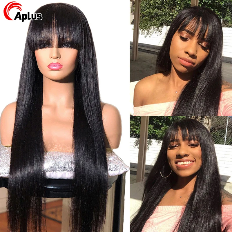 Straight Lace Front Wigs With Bangs Fringe Lace Human Hair Wig For Women Brazilian Glueless 13x4 HD Lace Frontal Wig With Bangs