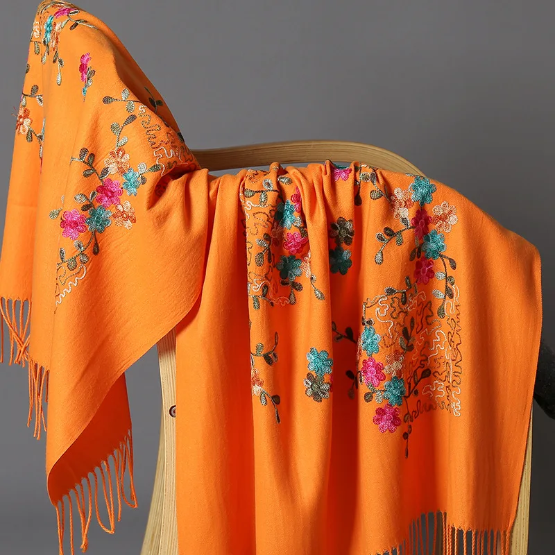 

Cashmere Scarf Orange/Fushcia/Purple Flower Embroidery Women Blanket Shawls And Wraps Long Pashmina Bufanda Warm Winter Scarves