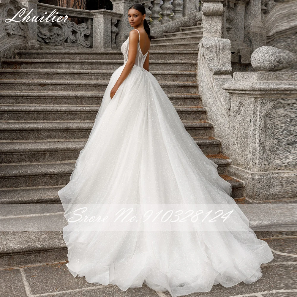 Lhuilier Sexy A Line Scoop Neck Tulle Wedding Dresses Sleeveless Illusion Beaded Bridal Gowns with Court Train