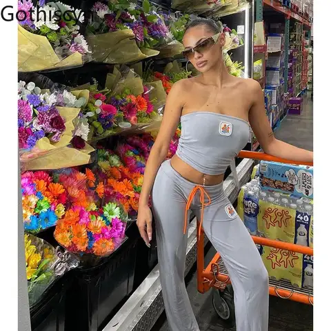 Gothiscyn American Style Spicy Girl Set Women's Summer Flower Embroidery Strapless Top Casual Pants Two-piece Set Female Clothes