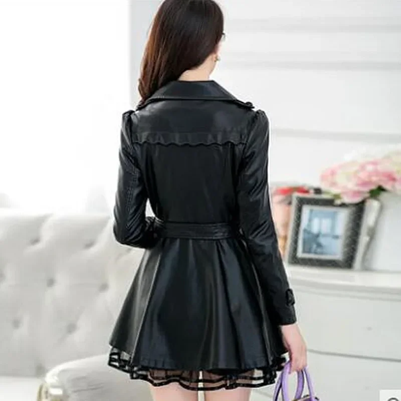 Fashion Plus Long Leather Jacket Women Leather Coat Female autumn Ladies lace Leather Jackets Coats black JJ535