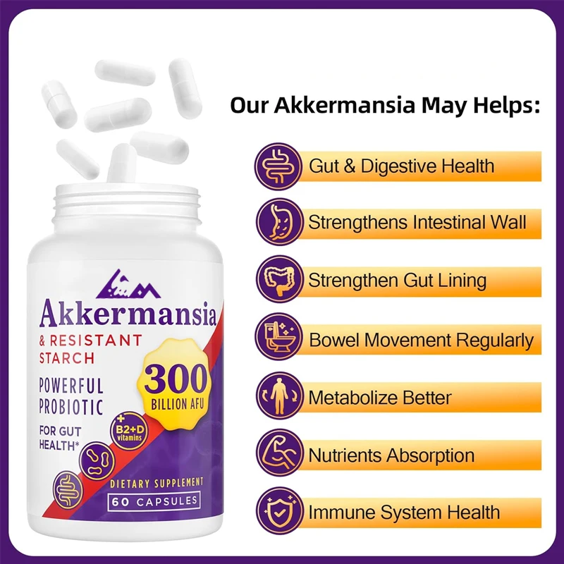 300 billion AFU Akkermansia Muciniphila, suitable for GLP-1, digestion, gut, immunity, and overall health -60 capsules