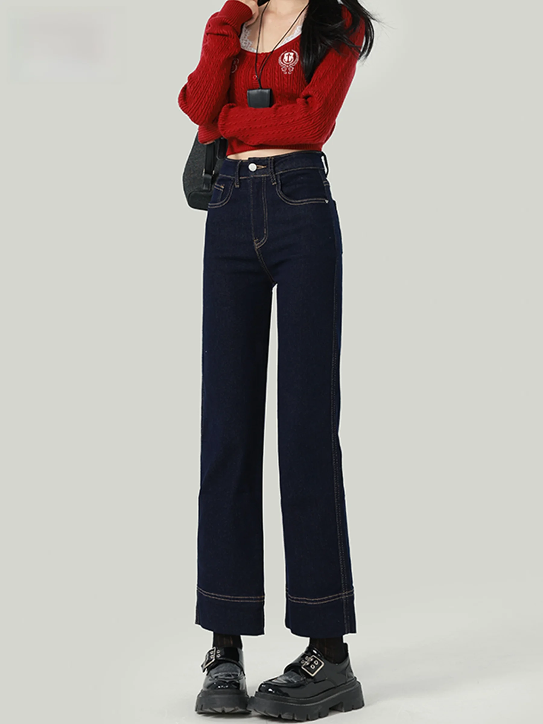 

Женские джинсы с высокой талией, прямые, облегающие, синие, осенняя новинка, утягивающие, узкие, модель «дымчатая трубка», длина 7/8